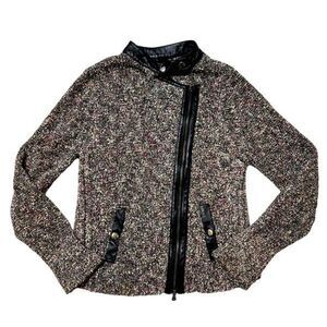 CLUB MONACO Jacket Size Small Nubby Knit LEATHER TRIM Cardigan Sweater Fill Zip